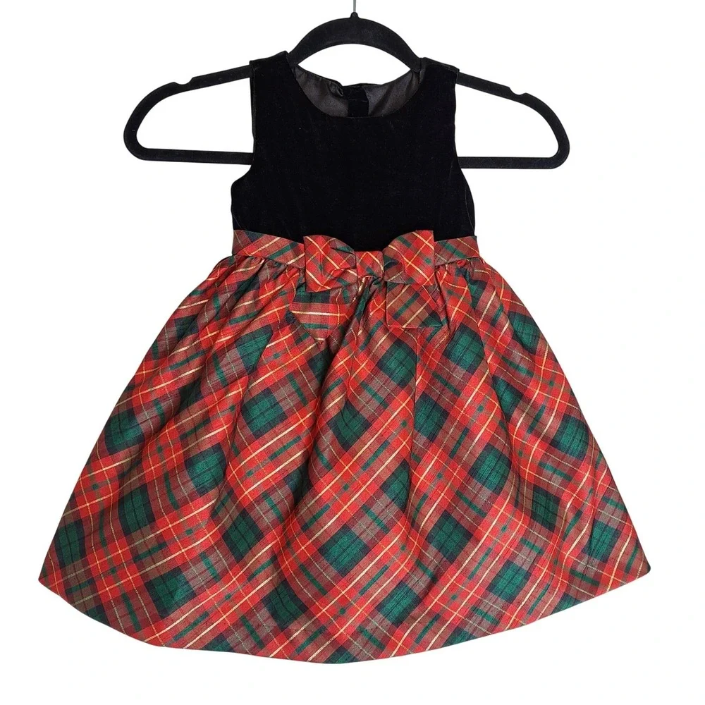Gymboree Girls 3T‎ Dress Velvet Plaid Holiday Sparkle Bow Party Special Occasion